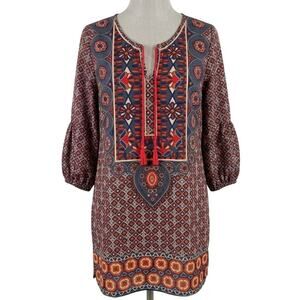 NLW Dress Size M Red Blue Orange Bohemian Long Sleeves Boho Chic Festival Artsy